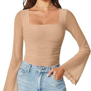 Sexy Mesh Bell Sleeve Bodysuit – Y2K Chic Square Neck Ruched Khaki Top (Small)